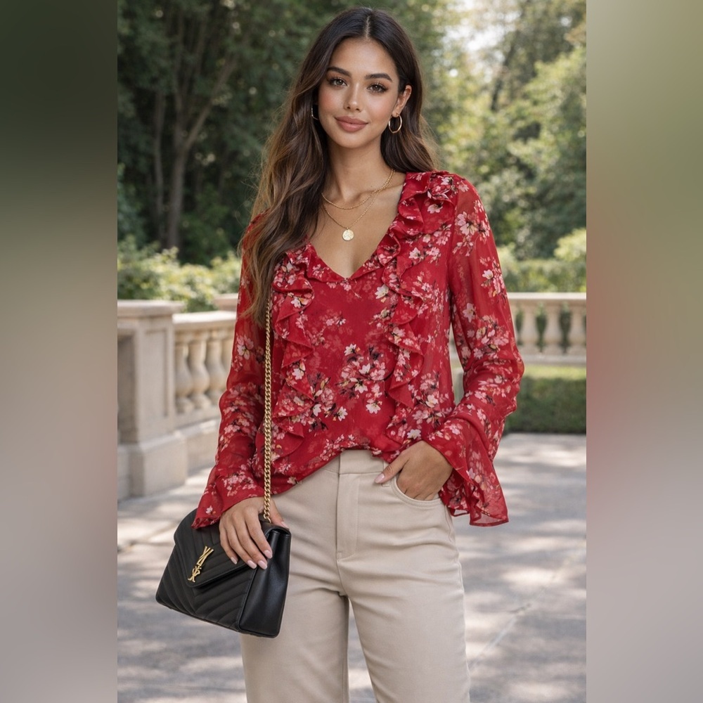 Divided Red Floral Ruffle Blouse